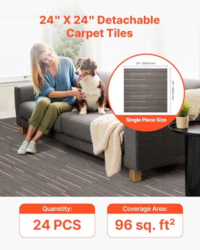 Image of VEVOR Carpet Tiles Reusable 24x24 inch, 24 PCS Modular Carpet Square Rug, Commercial Floor Soft Padded for Seamless Cover 96sq.ft, Easy DIY for Living Room Bedroom Office Indoor,Dark Brown