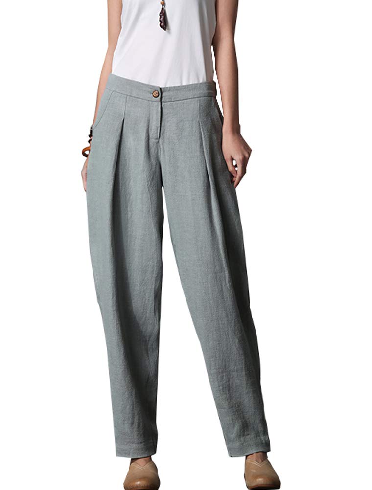Minibee Womens Casual Linen Pants Elastic Waist Tapered Pants Trousers with Pockets