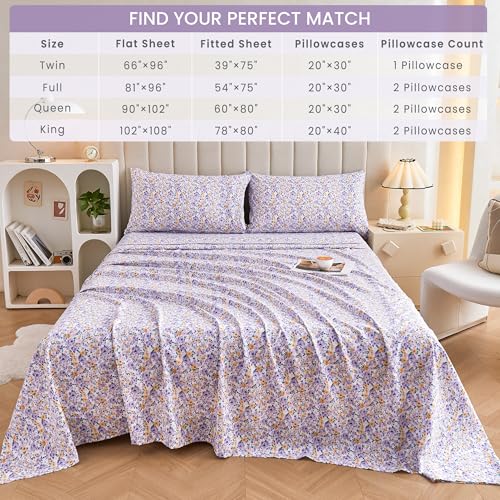 Image of Mooreeke Floral Twin 3 Pieces Bed Sheets, Soft Microfiber Bedding Sheets & Pillowcases, Deep Pocket Non-Slip Vintage Twin Sheet, Purple Yellow Flower Pattern Bedsheets