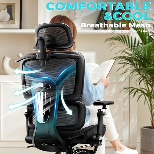 Image of Ergonomic Mesh Office Chair with Footrest, Big and Tall Home Desk Chair with 5D Flip-Up Arms, Adjustable Lumbar Support, Gaming & Executive Computer Chairs, Black