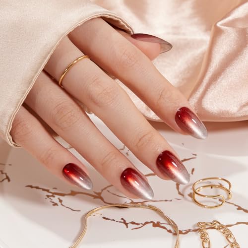 VSALON Press On Nails Short Almond, 32 Pcs 16 Sizes Red Cat Eye P...