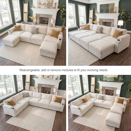 Image of Sectional Couches for Living Room FSC Certified Velvet Modular Couch Oversized Cloud U Shaped Convertible Sleeper Sofa Chaise Detachable Armrest Cushion (Chenille Beige, U Shape 6 Seat)