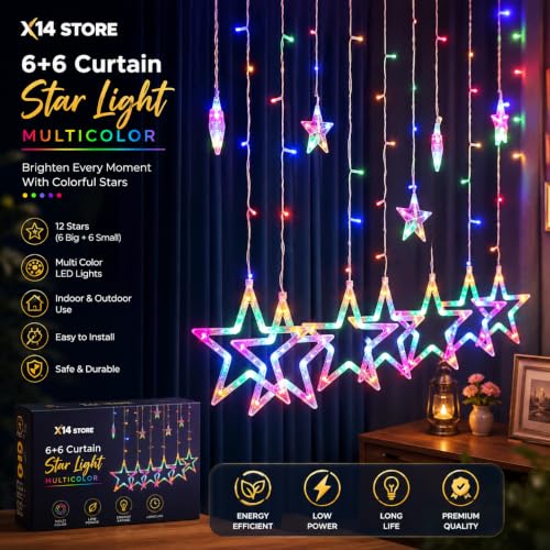 Image of 6+6 Star Curtain String Lights Multicolor LED Decorative Hanging Fairy Lights for Home Decoration, Bedroom, Balcony, Window, Festival, Diwali, Christmas, Wedding, Party, Indoor & Outdoor