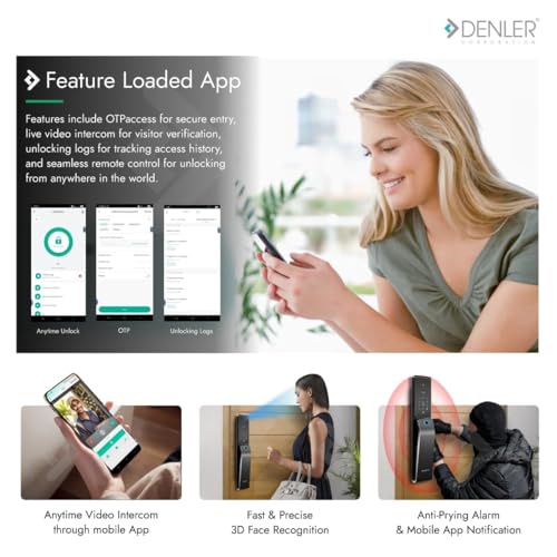 Image of Denler FLv8 9-in-1 Smart Door Lock | Alexa Voice Unlock | 3D Face ID | RF Remote | Fingerprint | IP65 Waterproof | Wi-Fi App | Card | PIN | Key | 3 Year Warranty (Black Matt Heavy)