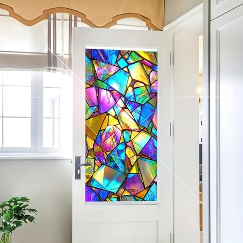 BlissYard Stained Glass Window Colorful Geometry Window Privacy Film Stained Decals Static Cling Sun Blocking Decor for Home Office Windows Doors Glass Partitions 17.7" L x 39.3" W