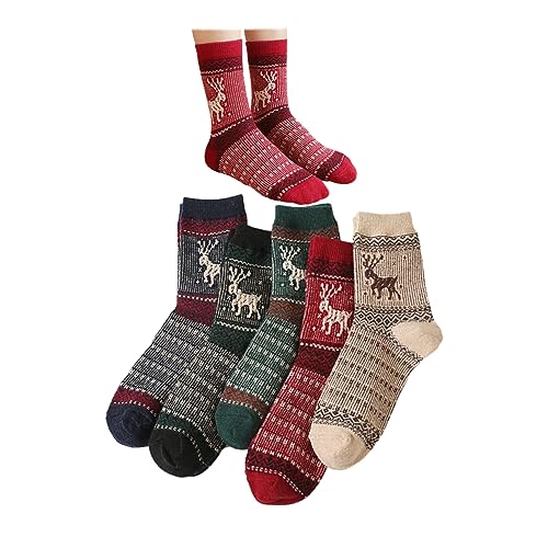Image of 5-Pairs Vintage Knitting Stripe Reindeer Wave Pattern Women's Fluffy Cute Crew Socks Warm Soft Cotton Calf Socks