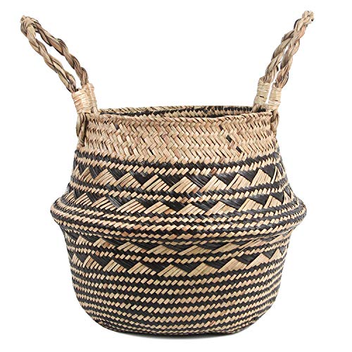 BlueMake Woven Seagrass Plant Basket with Handles,for Laundry, Picnic,Decorative Living,Laundry Room and Bedroom (Large, Olive Blossom)