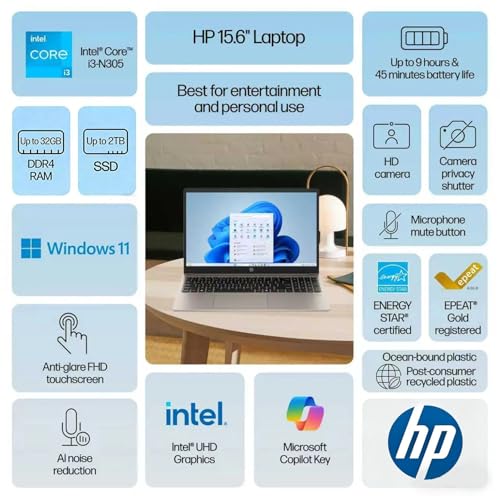 Image of HP Touchscreen 15.6 inch FHD Business Laptop Computer | 2026 Edition | Intel 13th 8 Cores i3 CPU (Beat 11th i5) | 32GB RAM | 1TB SSD | AI Copilot Key | Wi-Fi 6 | Windows 11 with Office 365 for The Web
