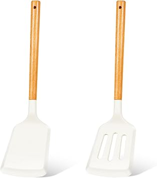 KLAQQED 2Pcs Silicone Spatula Set Turner Heat Resistant for Nonstick Cookware Rubber Wok Turner with Wood Handle, Plastic Spatula Silicone for Cooking Use Kitchen Utensils Set White