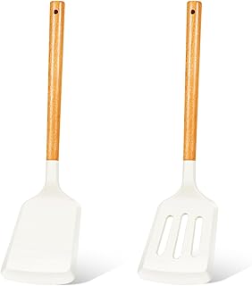 2Pcs Silicone Spatula Set Turner Heat Resistant for Nonstick Cookware Rubber Wok Spatula Turner with Wood Handle, Plastic Spatula Silicone for Cooking Use Kitchen Utensils Set White