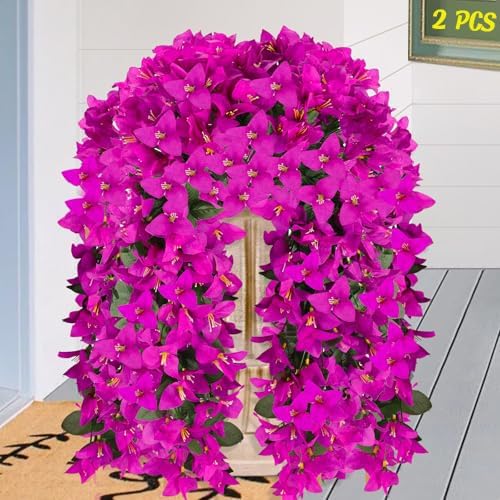 Artificial Bougainvillea Flowers for Outdoor Plant,2 pcs Faux Hanging Flowers Bougainvillea for Outside Decoration,Fake Silk UV Resistant Vines for Front Door Porch(Fuchsia)