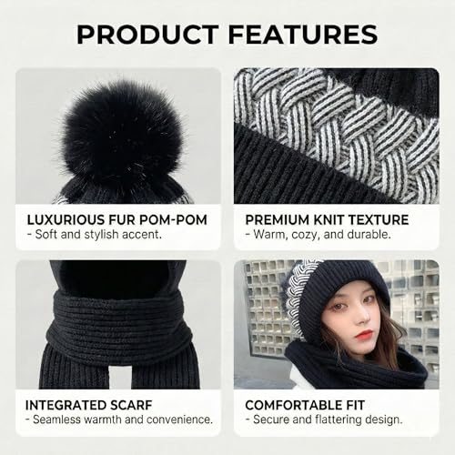 Image of Kraptick Women's Winter Cap and Scarf Set- Thick Fleece Lined Knitted Beanie Hat and Neck Warmer Muffler for Ladies, Stretchable & Soft Woolen Snow Proof for Extreme Cold -6