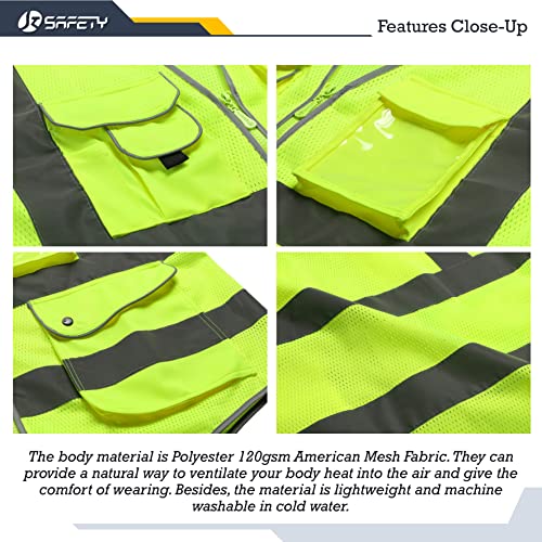 Image of JKSafety 9 Pockets High Visibility Safety Vest for Men and Women, Hi-Vis Reflective Yellow Safety Vests with Zipper Front, Meet ANSI /ISEA Class 2 Type R(159-Yellow 5XL)