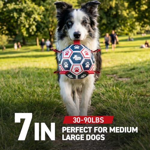 Image of QDAN Dog Toys Soccer Ball with Straps:Durable Balls for Large Dogs, Outdoor Dog Toys, Puppy Birthday Gifts (7 Inch)