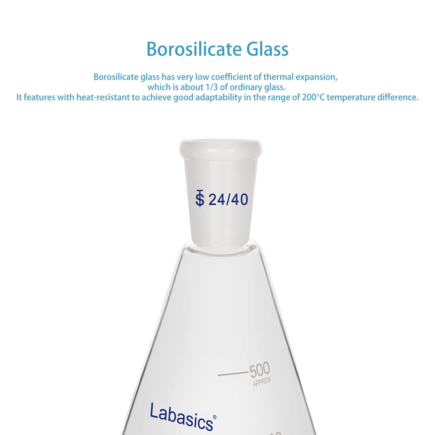 Labasics Flacon Erlenmeyer en Verre 24/40, Flacon à Paroi Épaisse en Verre Borosilicaté avec Joint Extérieur Conique Standard 24/40, 500 ml