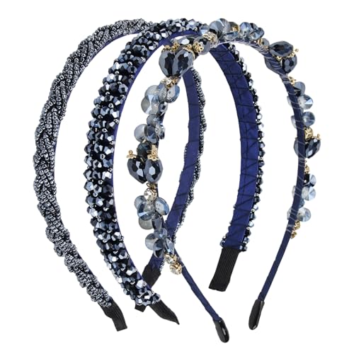 3PCS Retro Strass Haarreifen für Damen Kristall Perlen Haarband in Dunkelblau mit Rutschfest Trachten Haarschmuck als Dirndl Accessoire für Hochzeit Kommunion Party und Oktoberfest