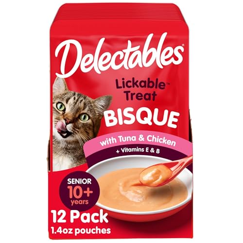 Hartz Delectables Bisque Lickable Wet Cat Treats with Tuna & chicken, Senior Cats 10+ years, 1.4 Ounce (Pack of 12) - Packaging May Vary