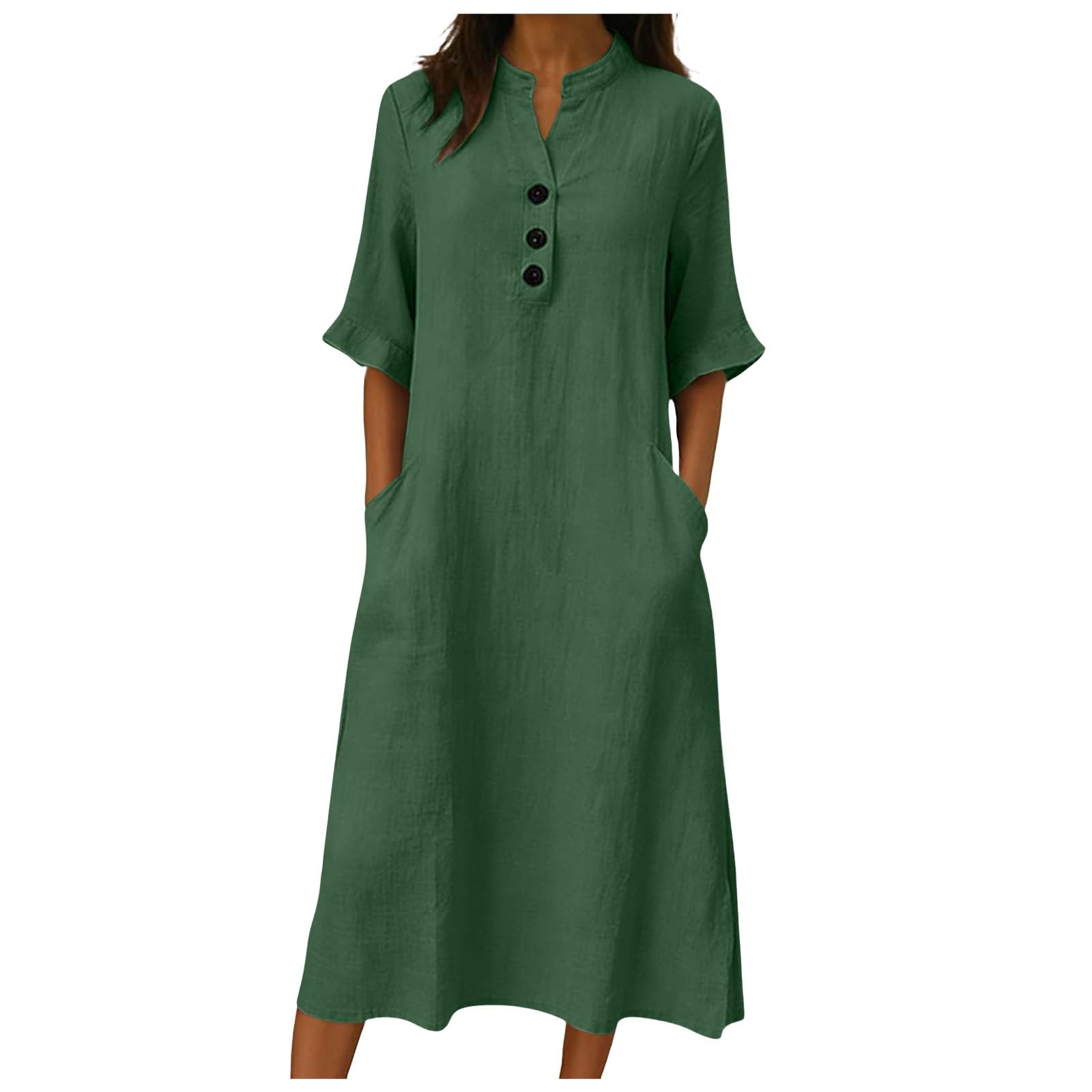 Vestito Lungo Abiti da Donna in Cotone alla Moda con Scollo a V, abbottonatura Frontale, Maniche a 3/4, Abito Estivo Midi con Tasca Abiti Donna Estivi Lunghi