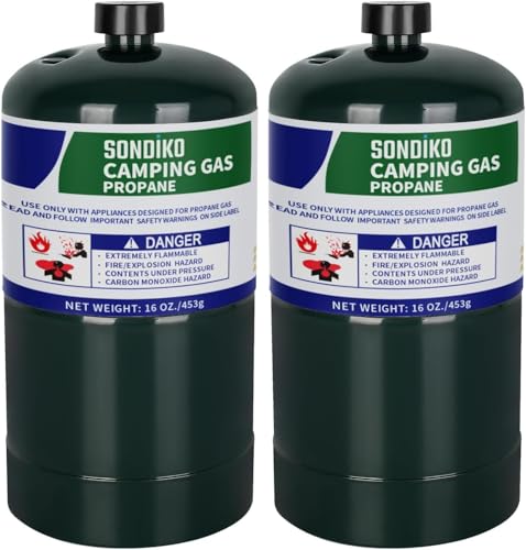 Image of Sondiko Propane Tank 2 Pack, High Purity 1LB Propane Cylinder Tank 16 oz, Factory Prefilled and DOT Compliant, Premium Propane to Broil Sous Vide for Welding Brazing Soldering