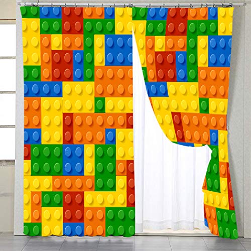 BlessLiving Colorful Toy Printed Window Curtains Building Blocks Curtain Drapes Fun Brick 3D Design Kids Teens Girls Boys Living Room Bedroom Window Treatment Panels, 1 Panel, 42