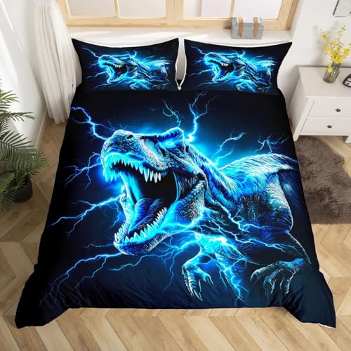 Housse de couette dinosaure 3D bleu éclair anti-plis pour lit simple - 2