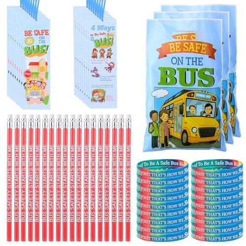 Resurhang 200 Pcs School Bus Safety Week Assorted Items Bulk 50 Sets Be Safe on the Bus Awareness Plastic Goody Bags Bookmark Pencil Wristband Accessories for School Safety Awareness Party Favor