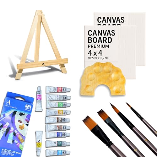Image of Professional Painting Kit 20pcs, Paintbrush 4, Colours 12, Mini Palette 1, Canvas Board 2, Pine Wooden Mini Easel 1, Canvas Board 4x4 inch, Ideal for Begginners, Kids & Adults