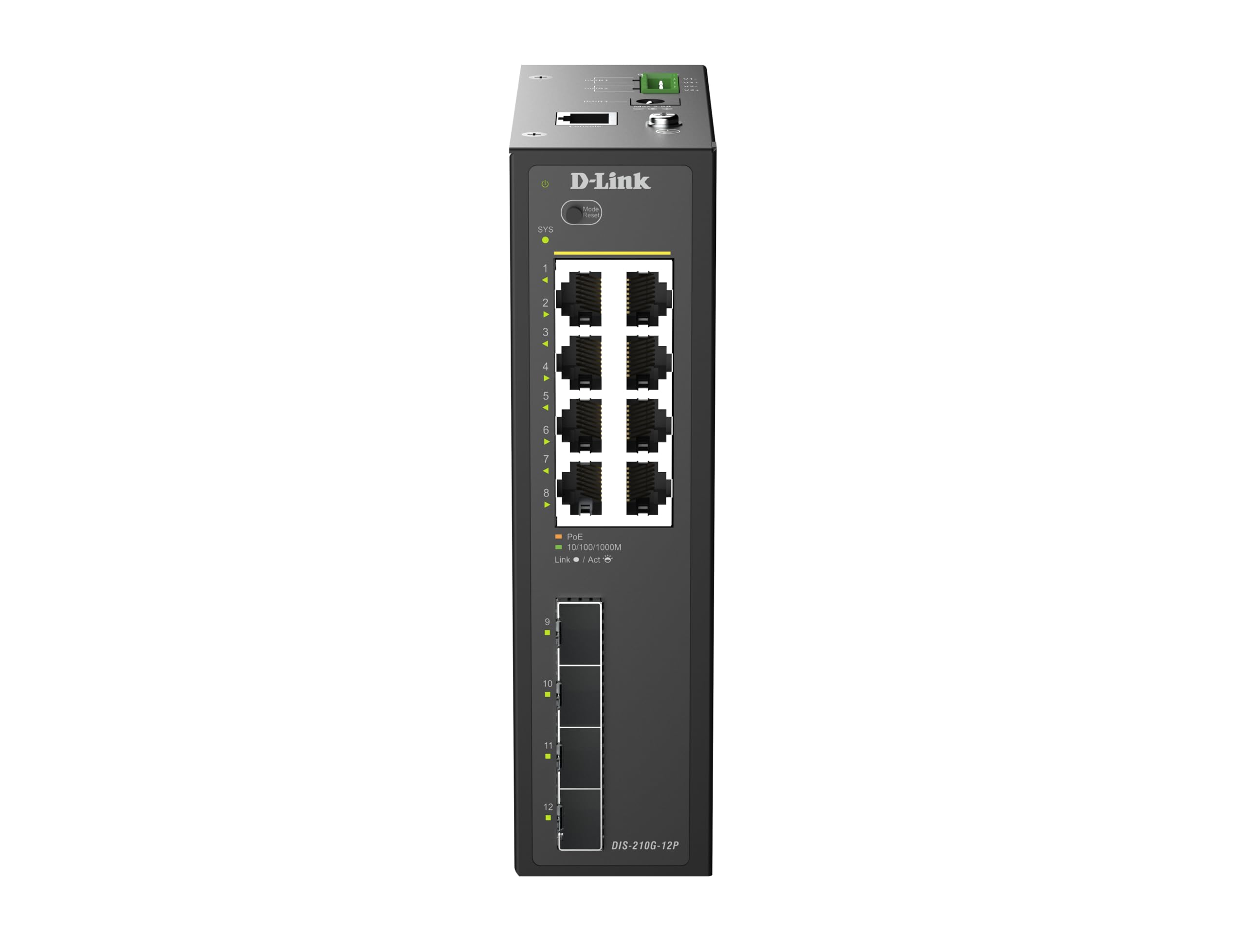 D-Link DIS-210G-12P Switch Industriel Gigabit Smart Managed PoE+, 8 Ports 1G PoE+, 4 SFP, 240W, Montage Rail DIN, IP40, ERPS, Double Alimentation DC, -40 à 75°C