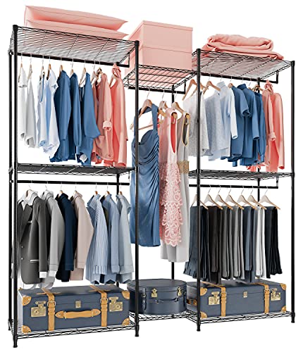 Raybee 5-Tier Wire Garment Rack Heavy Duty Clothing Rack with 8 Adjustable Shelves Hanging Clothes Rack with 5 Hanging Rods Metal Closet Rack for Wardrobe 74.8W X17.7â€D X76.8â€H Max Load 700LBS, Black