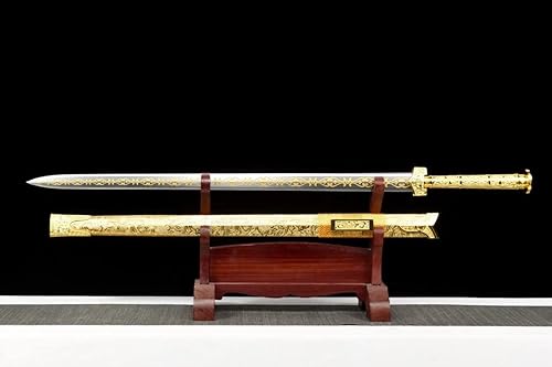 Miniatura 8 de Espada china, espadas Han Jian doradas reales (hoja de acero forjado de alto carbono, vaina de cuero falso, mango de aleación)