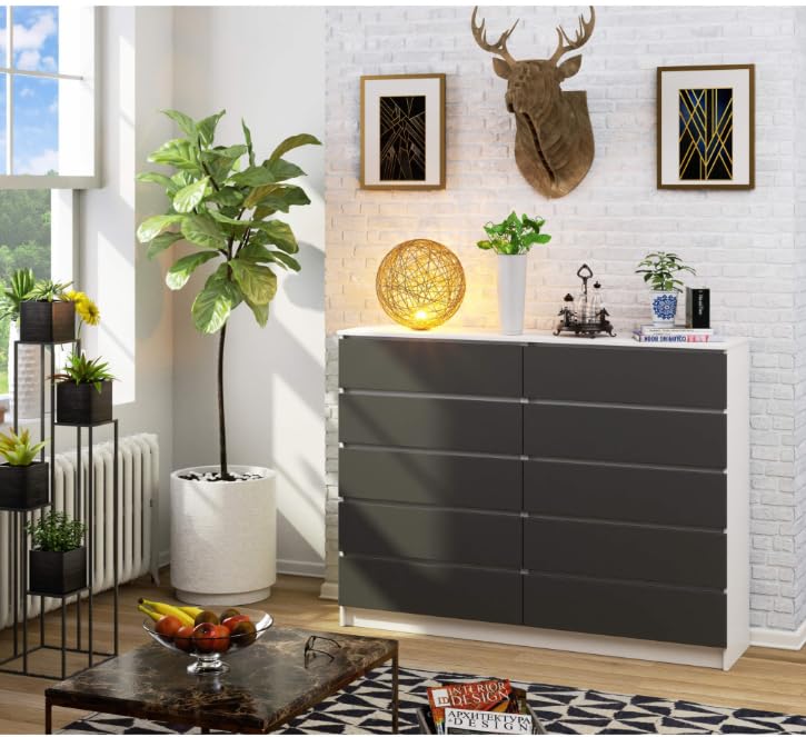 BDW: Cómoda con 10 cajones, cómoda K160, aparador, Muebles para salón, Dormitorio y recibidor, Armario de Oficina, Material Robusto y diseño Moderno - 160x40x121 cm, Blanco/Gris