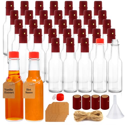GUANENA 35 Pack 5oz Hot Sauce Bottles Clear Glass Woozy Bottles with Leak Proof Red Screw Caps Dripper Inserts and Shrink Capsules Empty Small Wine Bottles with Labels (Bonus Funnel and Twine)