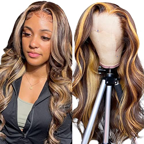 13X4 Hd Body Wave Highlight Ombre Lace Front Wig Human Hair Pre Plucked 4/27 Honey Blonde Lace Frontal Wig For Black Women With Baby Hair 180% Density Glueless Body Wave Colored Lace Front Wig 18 Inch #TOP23