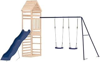 vidaXL Outdoor Children's Playset - Solid Pinewood - Includes Play Tower, Wave Slide, Double Swing Set, Sandpit - Age 3-8 - Safe and Sturdy Wooden Frame
