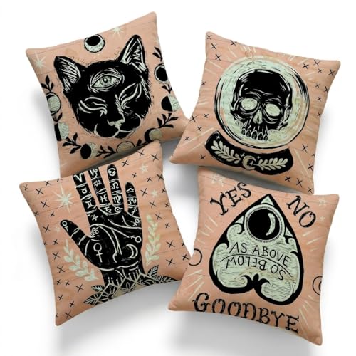 Image of PRK 14 Cushion Covers 4 pcs Halloween Peach Pillow Throws for Livingroom Bedroom Skulls Evil Ouija Board Couples Sofa Horror Scary Pillowcase Set 45 x 45cm