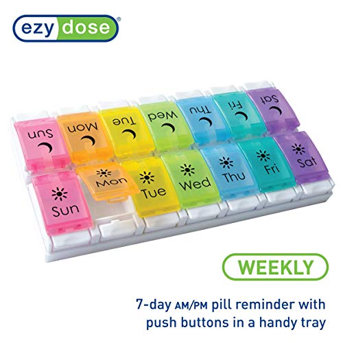 Ezy Dose Push Button (7-Day) Pill Case, Medicine Planner, Vitamin Organizer, 2 Times A Day Am/Pm, Removeabale Trays, Large Compartments, Arthritis Friendly, Rainbow Lids #TOP4