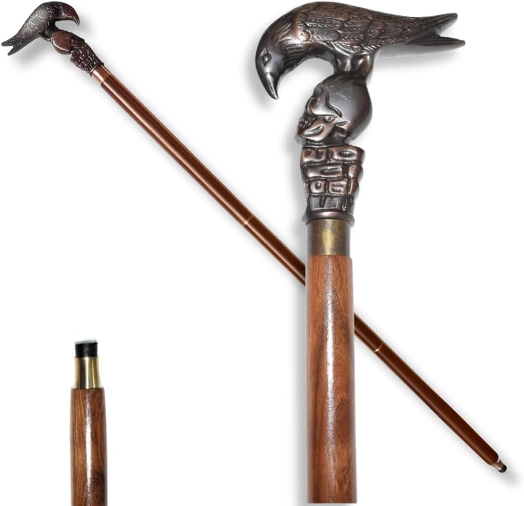 Skull Walking Cane with Raven Handle, Black Wood Shaft, Vintage Copper Accents, Gothic Walking Stick for Men & Women, Gift for Collector