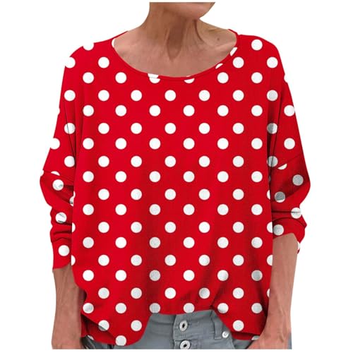 Damen Punkte Oberteil Rundhals Vintage Polka Dots Punkte Langarm Shirt...