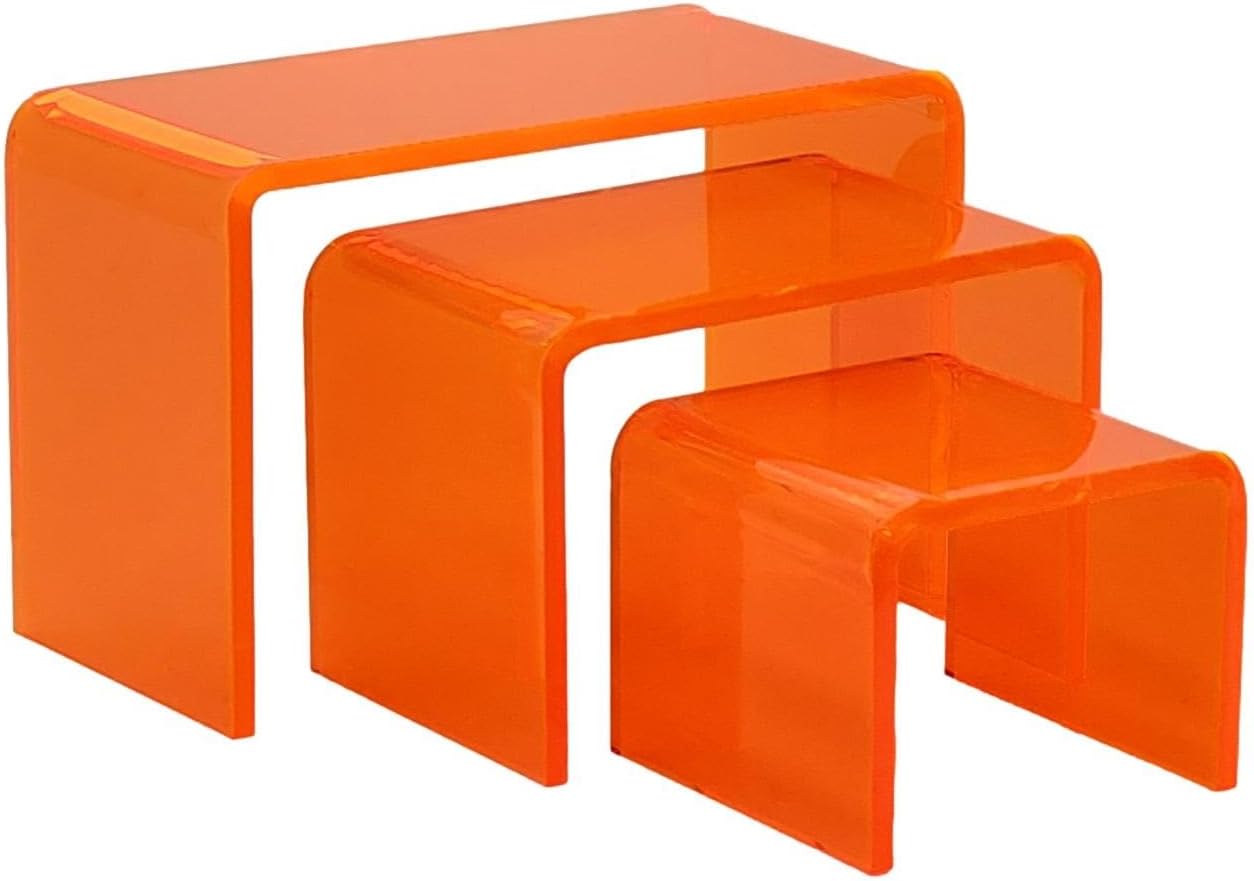 Acrylic Display Risers – 3‑Piece Small Riser Set (5×2×3, 6×2×3.5, 7×2×4) – Clear 1/8" Acrylic Stands for Jewelry, Mini Collectibles, Retail Displays, Craft Shows (Neon Orange)