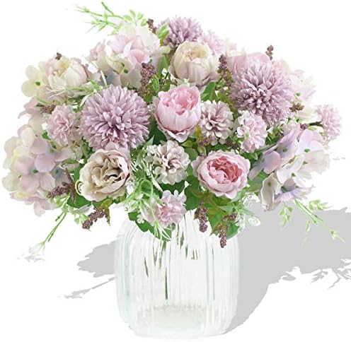 Artificial Flowers, 2 Pcs Fake Peony Silk Light Purple Hydrangea Bouquet Decor Plastic Carnations Daisy Realistic Flower Arrangements Wedding Decoration Table Centerpieces,for Home Office Party Decor