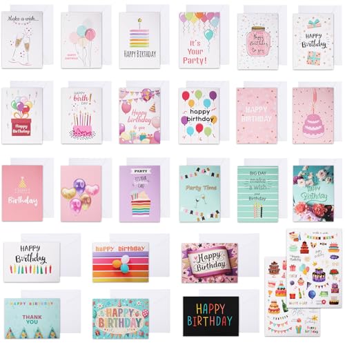 WD&CD 24 PCS Birthday Greeting Cards Assortment, Happy Birthday Cards with Envelopes and Stickers, Blank Birthday Greeting Congratulation Cards for Mother Father, Kids, Friends and Office, Color 1