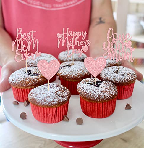 Cavla 25 Pieces Happy Mother's Day Cake Topper And Mother's Day Cupcake Toppers Rose Gold Glittery Mothers Day Cupcake Picks Cake Decorations Love You Mom Best Mom Ever Party Cupcake Decorations #TOP4