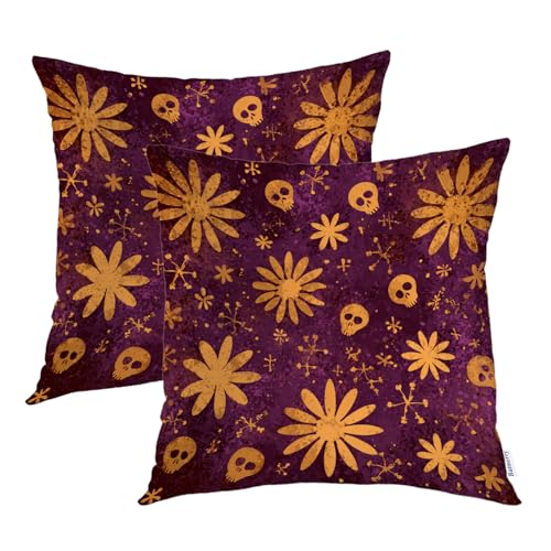 Batmerry Decaying Marigold Skull Circles Throw Pillow Covers, Flowers and Skulls Pattern Decorative Pillow Covers Digital Printing Blended for Couch Sofa Bed Invisible Zipper 18X18 in(Set of 2)