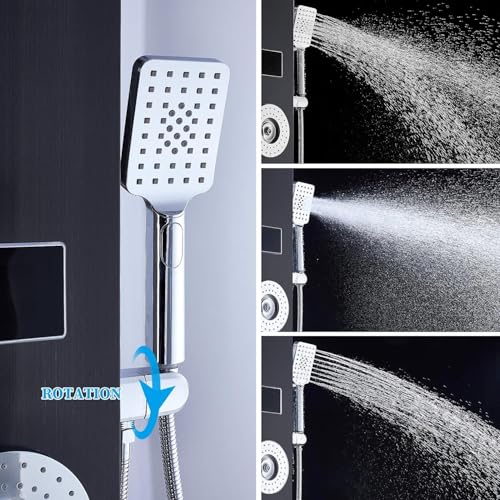 ELLO&ALLO LED Rainfall Waterfall Shower Head Rain Massage System with Body Jets Stainless Steel Bathroom Shower Panel Tower System, Brushed Black