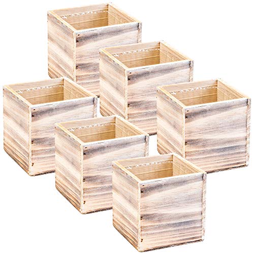 Maceta de madera cuadrada de 10,4 cm, color blanco, forro de plástico, expositor de centros de jardín, soporte de flores de boda, decoración del hogar y del lugar, (juego de 6) (lavado blanco)