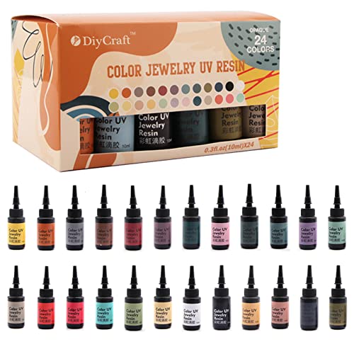 DIYcraft Colored UV Resin - 24Colors (M-24Colors) UV Light Curing Ultraviolet Cure Resin Glue for Small UV Resin Molds, Jewelry Making - Earrings,Rings,Keychains - 0.35 oz/10ml Each
