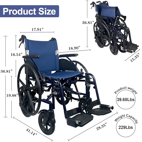 Wheelchair with Clean-Grip Handrims for Adults, Gear Drive for Effortless Mobility, Easy Transfer Removable Arms, Dual Brakes for Safety, Senior & Adult Transport Chair, 18