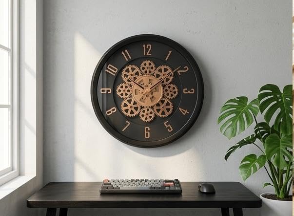 Image of Moving Gear Wall Clock, Round, Gold and Rose Gold Finish, Options (NEW Black Golden, Set of 1 Clock)