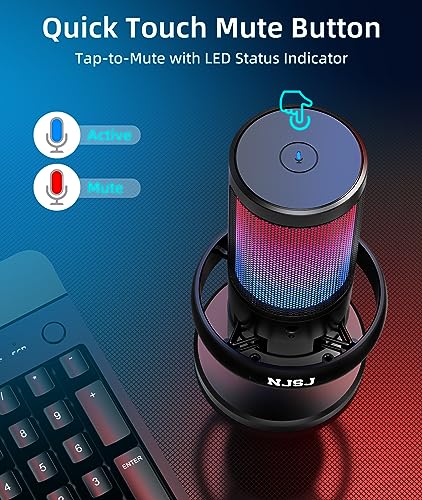 Image of NJSJ USB Microphone for Computer, Gaming Mic for PC,PS4,PS5 and Mac, Condenser Microphone with 9 RGB Light Modes,Mute Button,Gain Control, Headphones Jack,Desk Streaming Mics for Podcast,YouTube
