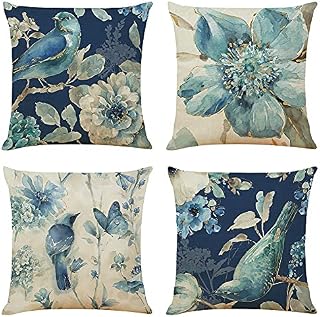 BCKAKQA Throw Pillow Covers Set of 4 Navy Blue Cushion Covers 45cm x 45cm with Floral and Birds Linen Square Decorative Throw Pillow Cases for Living Room Sofa Couch Bed Pillowcases 18 x 18 inch